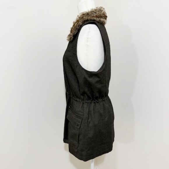 J. Jill Brown Long Vest Cinched Waist Faux Fur Collar Size M - Picture 3 of 7